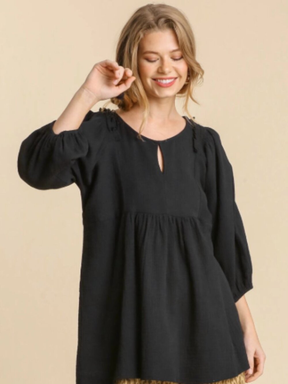 Gauze 3/4 Ruffle Sleeve Tunic Top with Front Keyhole and Smocked Shoulder Deta